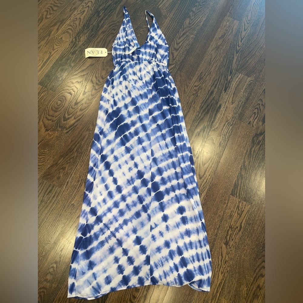 ELAN Women’s Blue White Tie Dye Maxi Dress Deep V Size M